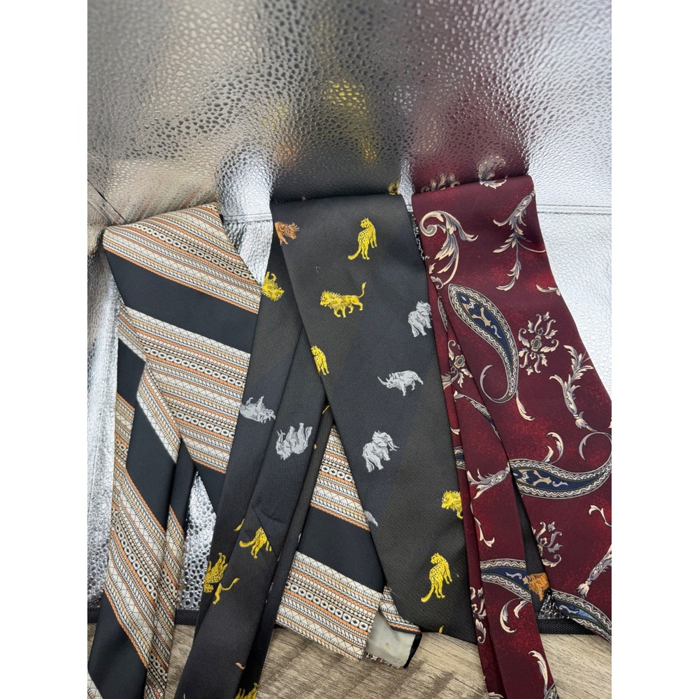 Vintage Mens Necktie Lot Damon Striped Animal Motif Puritan Paisley 3pc Bundle